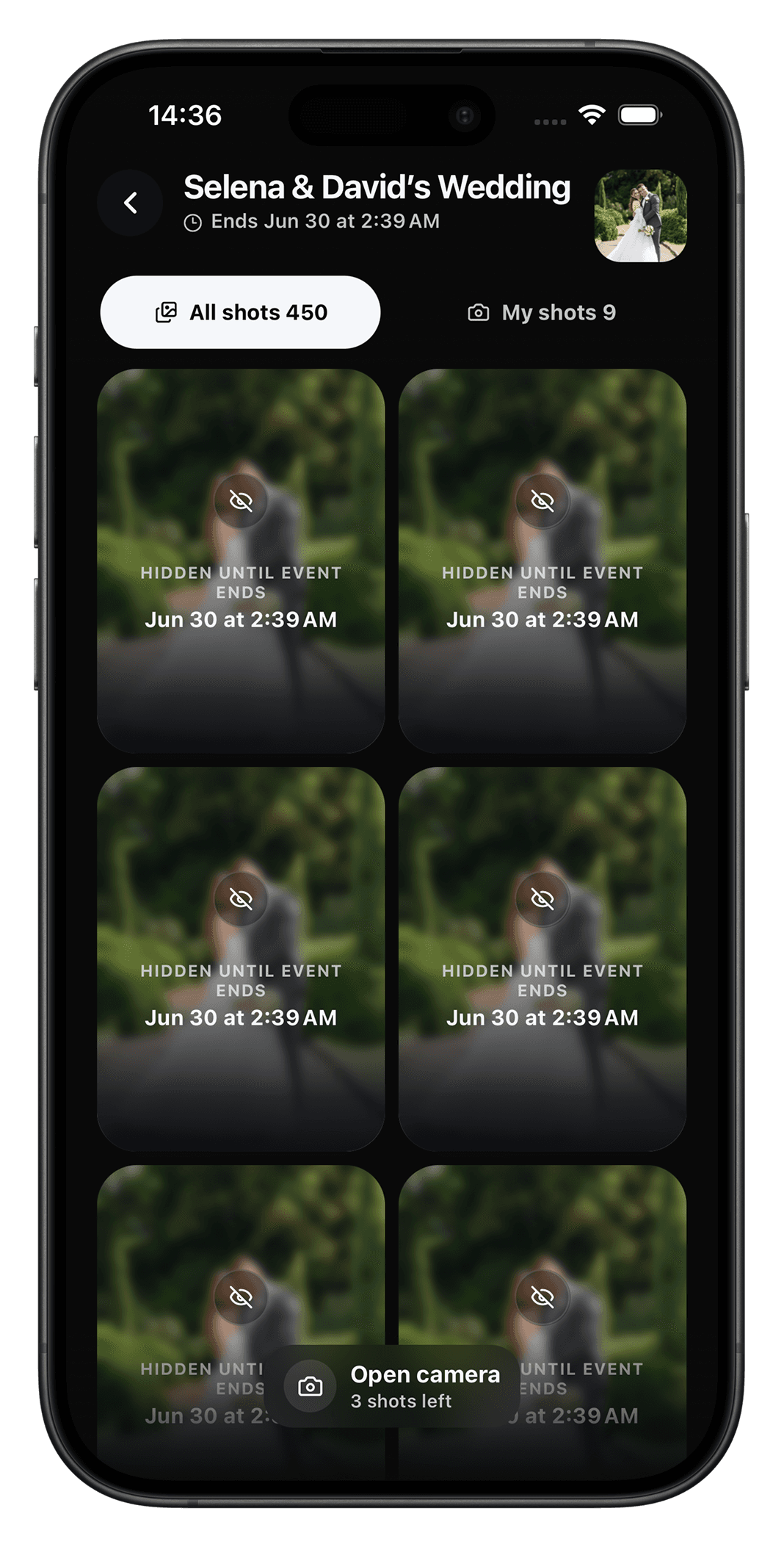 Revela album grid with blurred photos hidden until the event ends